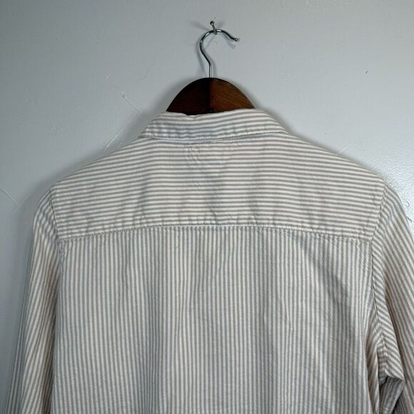 Japna Tan White Striped Long Sleeve Button Shirt Size Large Beach Boho Rolltab - Picture 10 of 13